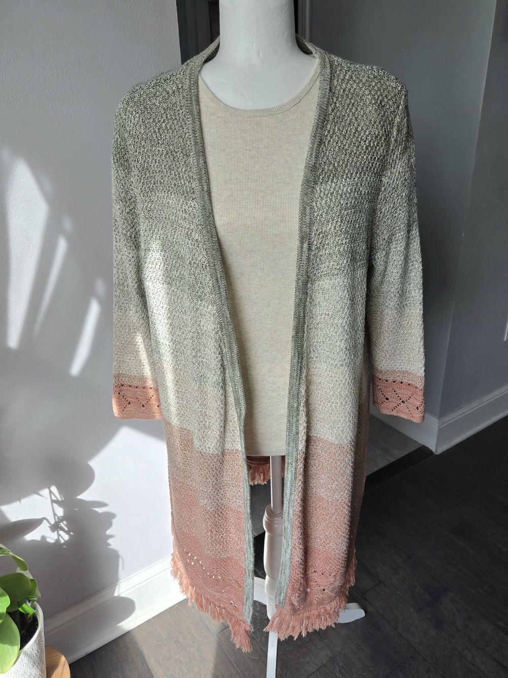 Natural Reflections Ombre Longline Open Front Cardigan Boho Fringe Size 2XL